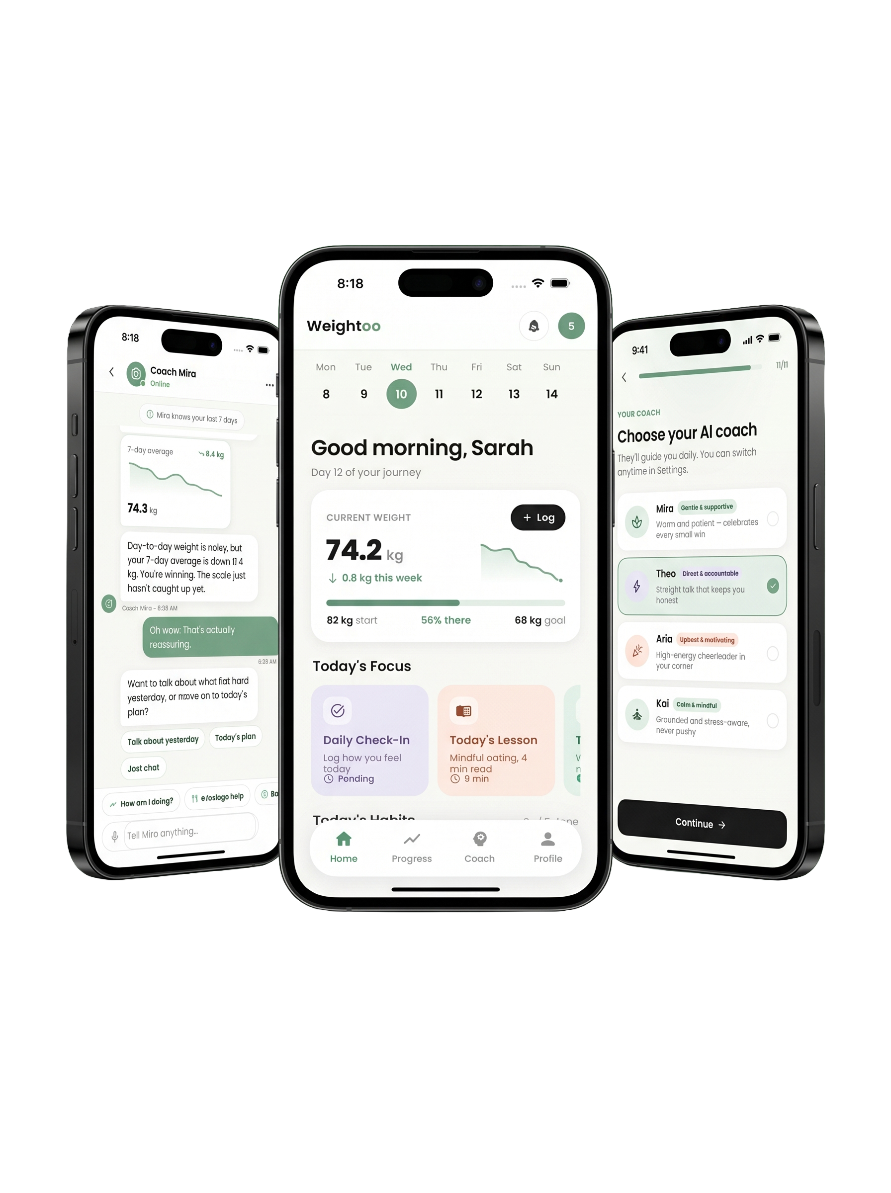 Weightoo app screens: AI coach chat with Mira, home dashboard showing weight progress, and choosing your AI coach personality